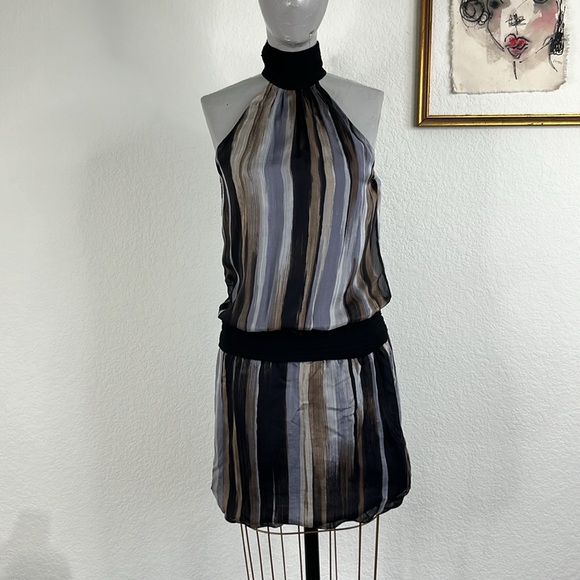 Zara Striped Inverted High Neck Cocktail Chiffon Dress - Picture 1 of 9